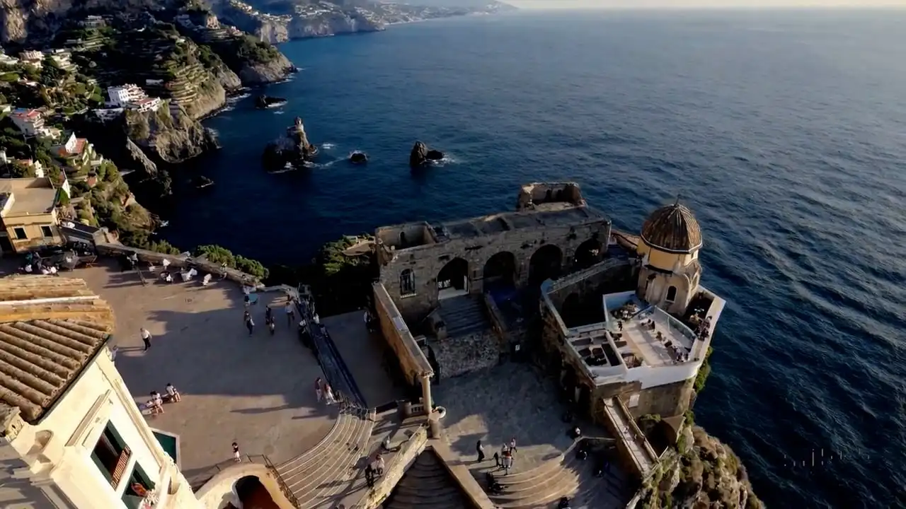 Thumbnail ofA drone camera circles around a beautiful historic church built on a rocky outcropping along the Amalfi Coast's video