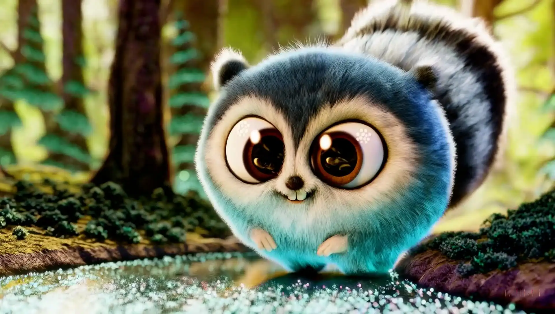 Thumbnail of3D animation of a small, round, fluffy creature with big, expressive eyes explores a vibrant, enchanted forest's video