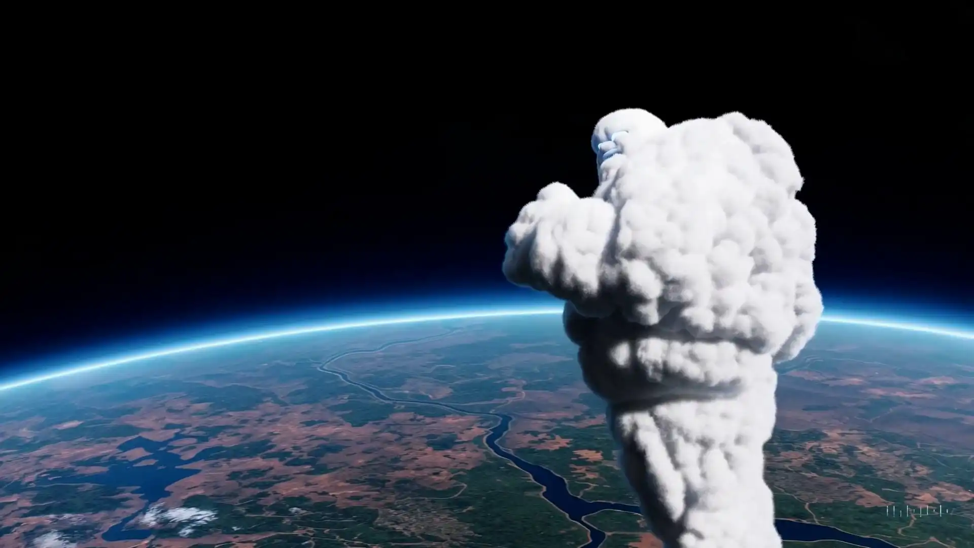 Thumbnail ofA giant, towering cloud in the shape of a man looms over the earth's video