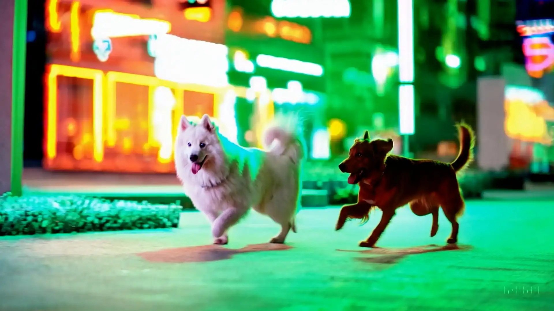 Thumbnail ofA Samoyed and a Golden Retriever dog are playfully romping through a futuristic neon city at night's video