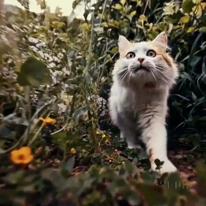 Thumbnail ofA white and orange tabby cat is seen happily darting through a dense garden, as if chasing something's video