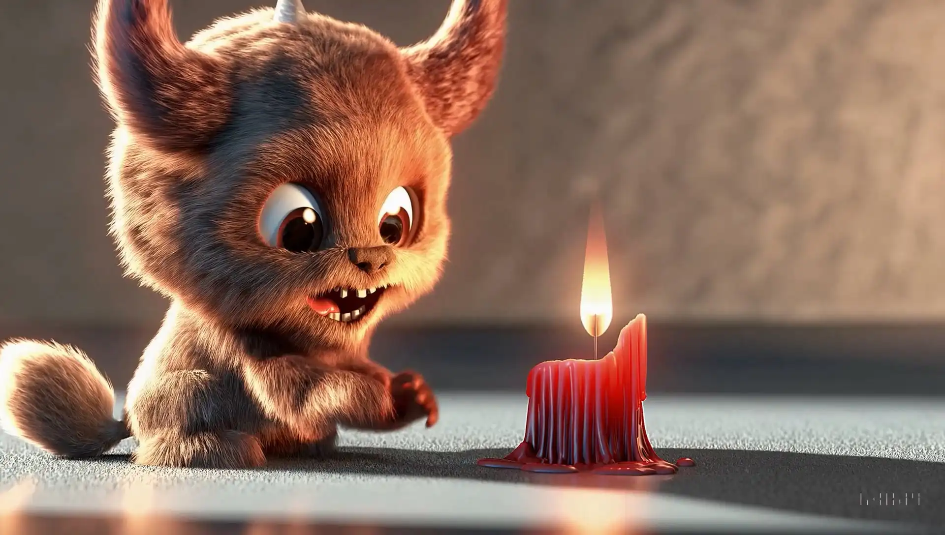 Thumbnail ofAnimated scene features a close-up of a short fluffy monster kneeling beside a melting red candle's video