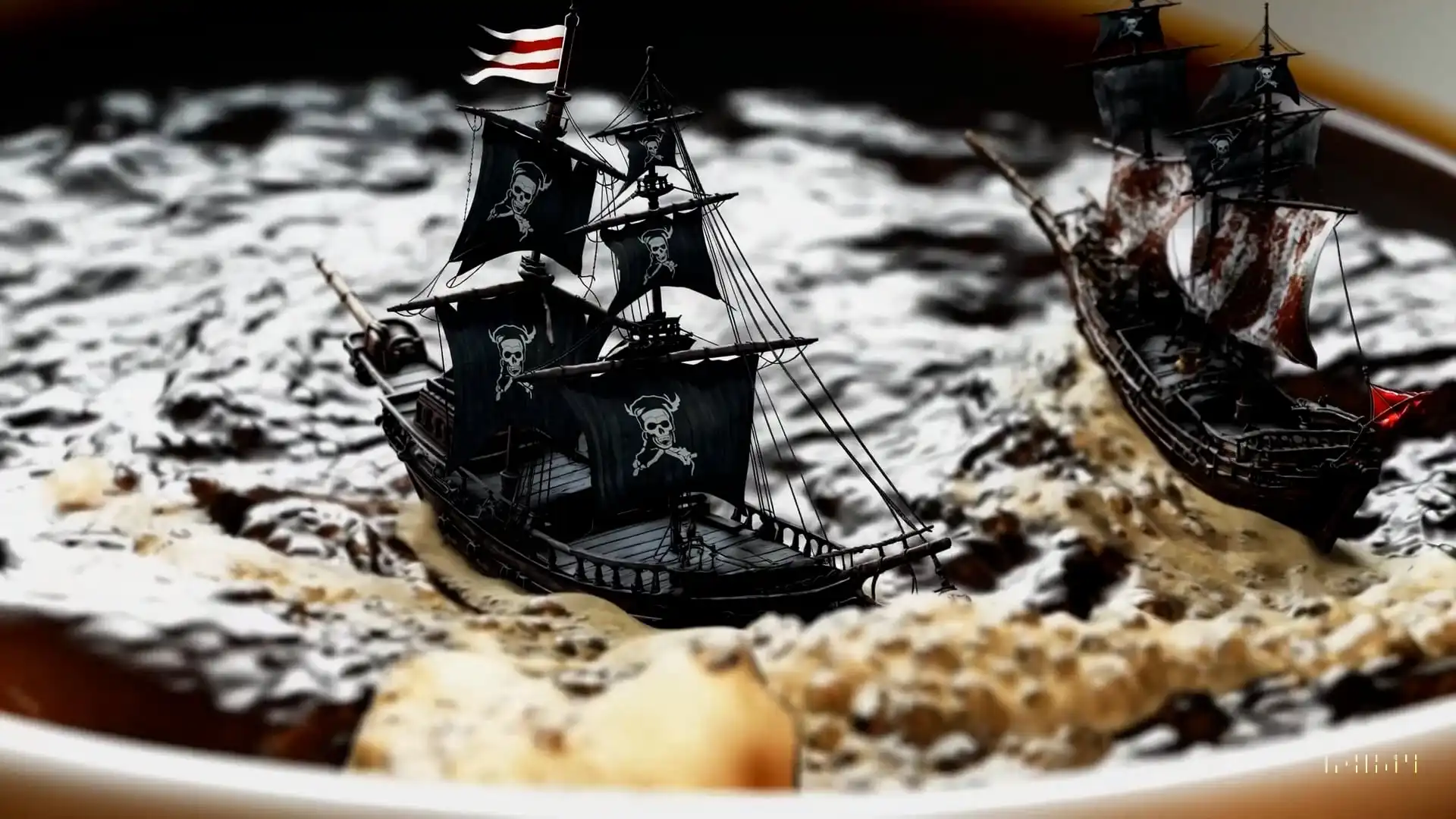 Thumbnail ofPhotorealistic closeup video of two pirate ships battling each other as they sail inside a cup of coffee's video