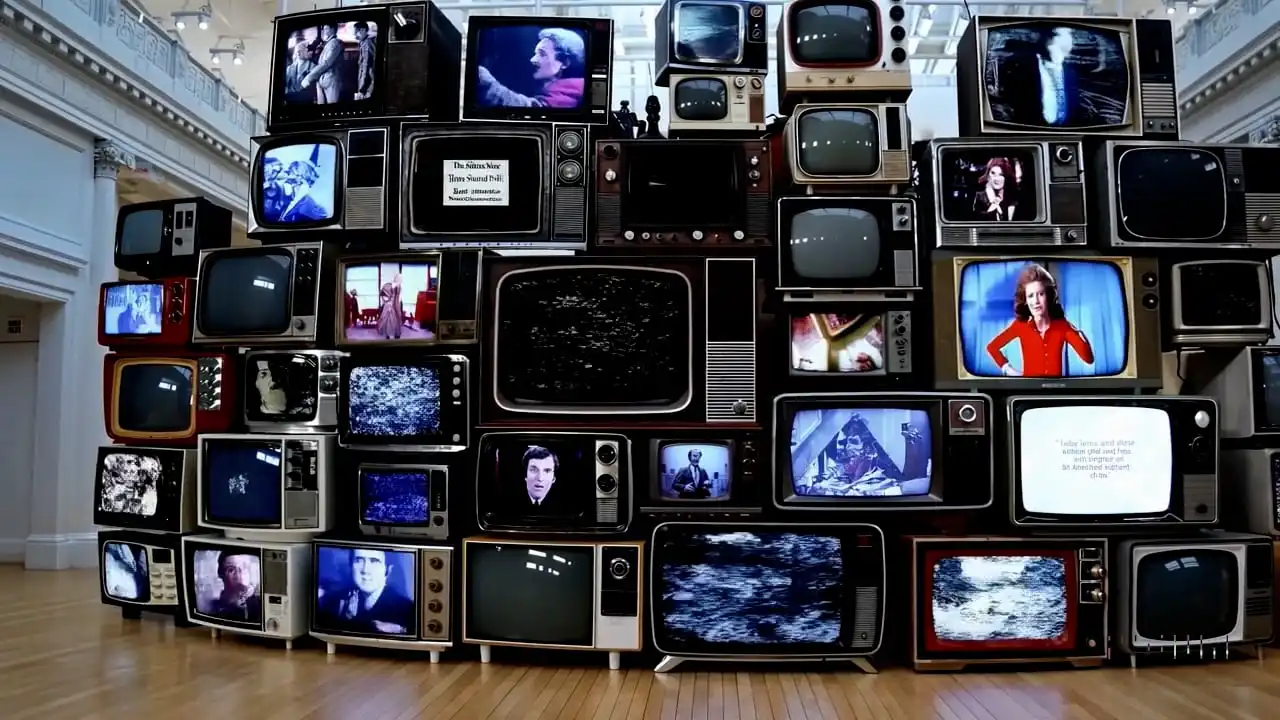 Thumbnail ofThe camera rotates around a large stack of vintage televisions all showing different programs's video