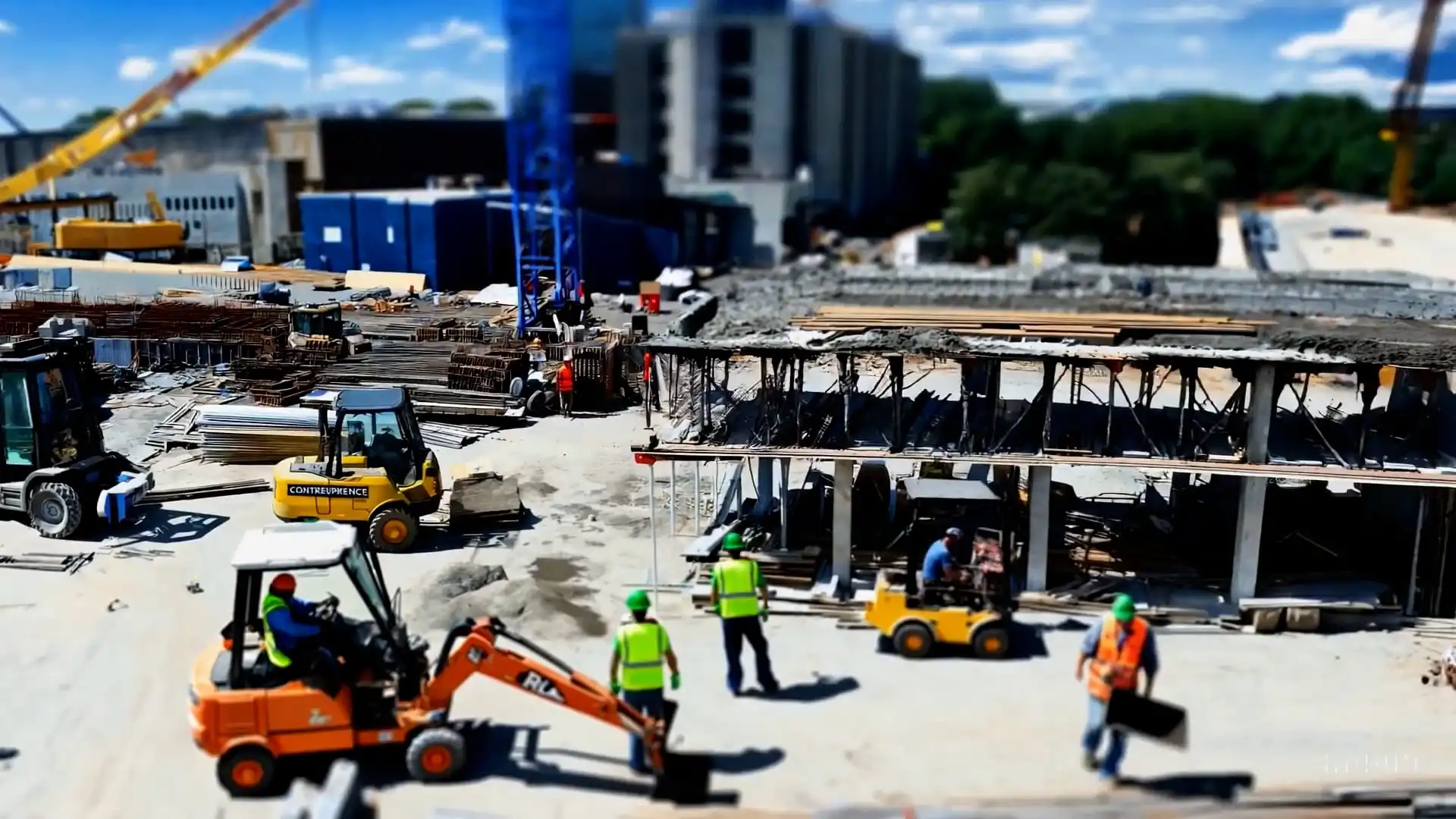 Thumbnail ofTiltshift of a construction site filled with workers, equipment, and heavy machinery's video