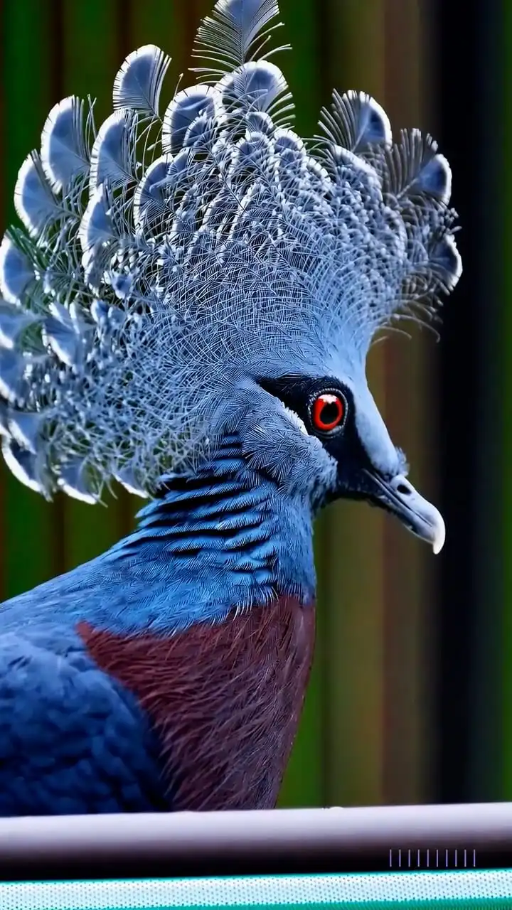 Thumbnail ofThis close-up shot of a Victoria crowned pigeon showcases its striking blue plumage and red chest's video