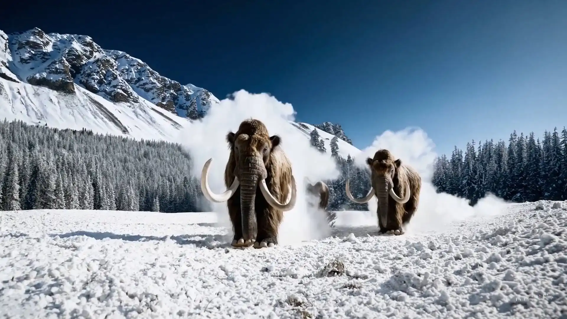 Thumbnail ofSeveral giant wooly mammoths approach treading through a snowy meadow's video