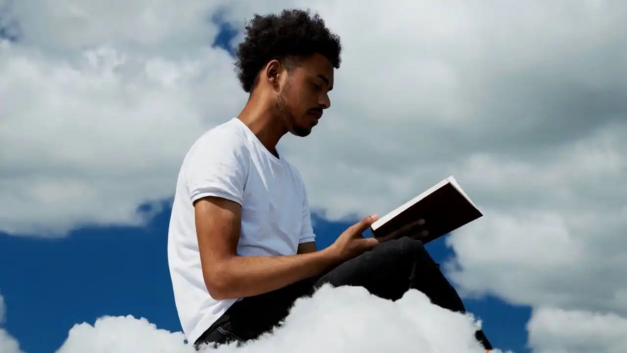 Thumbnail ofA young man at his 20s is sitting on a piece of cloud in the sky, reading a book's video