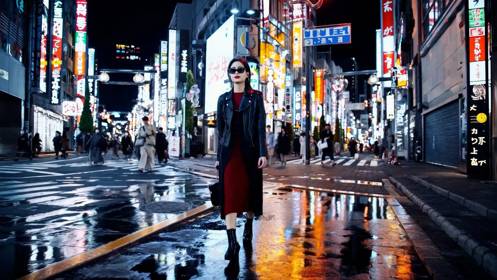 Thumbnail ofA stylish woman walks down a Tokyo street filled with warm glowing neon and animated city signage's video