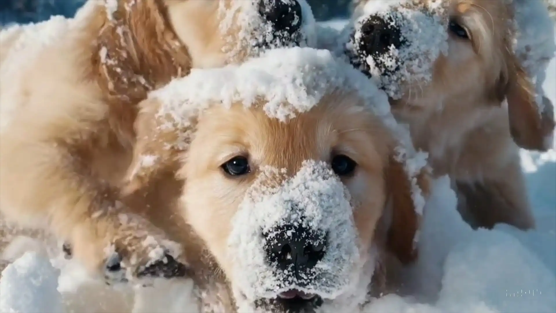 Thumbnail ofA litter of golden retriever puppies playing in the snow's video