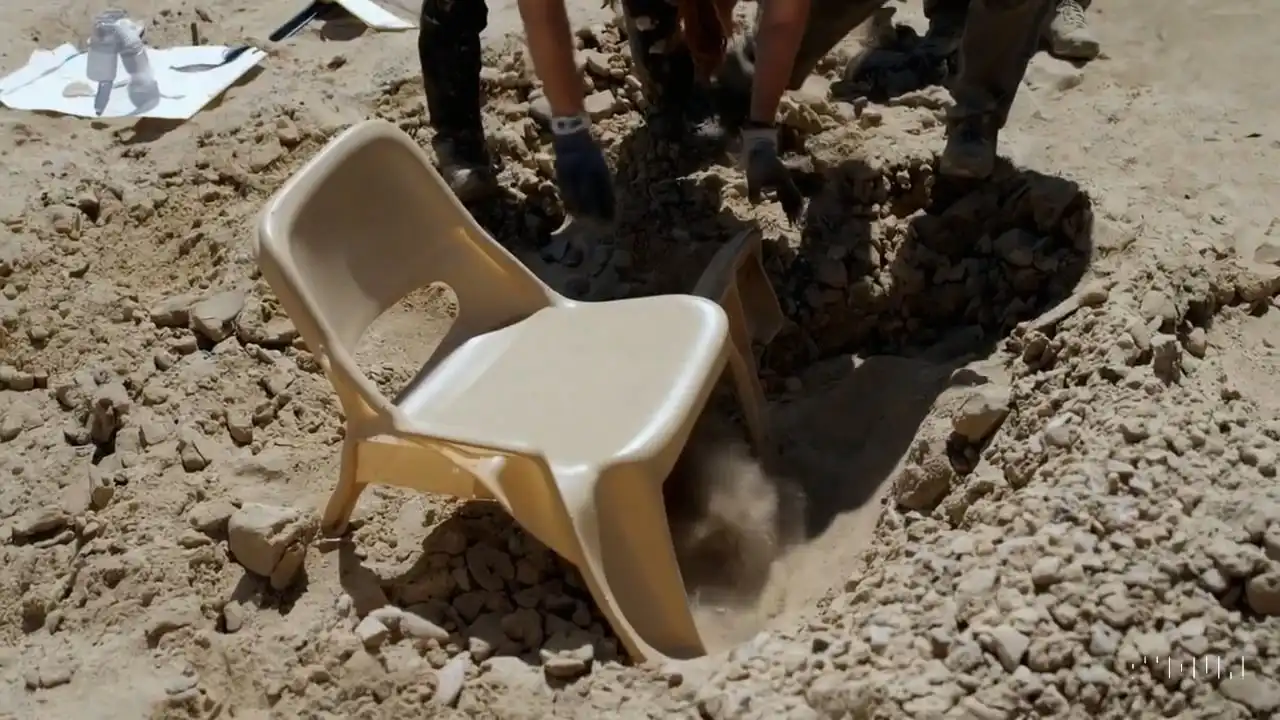 Thumbnail ofArcheologists discover a generic plastic chair in the desert, excavating and dusting it with great care's video