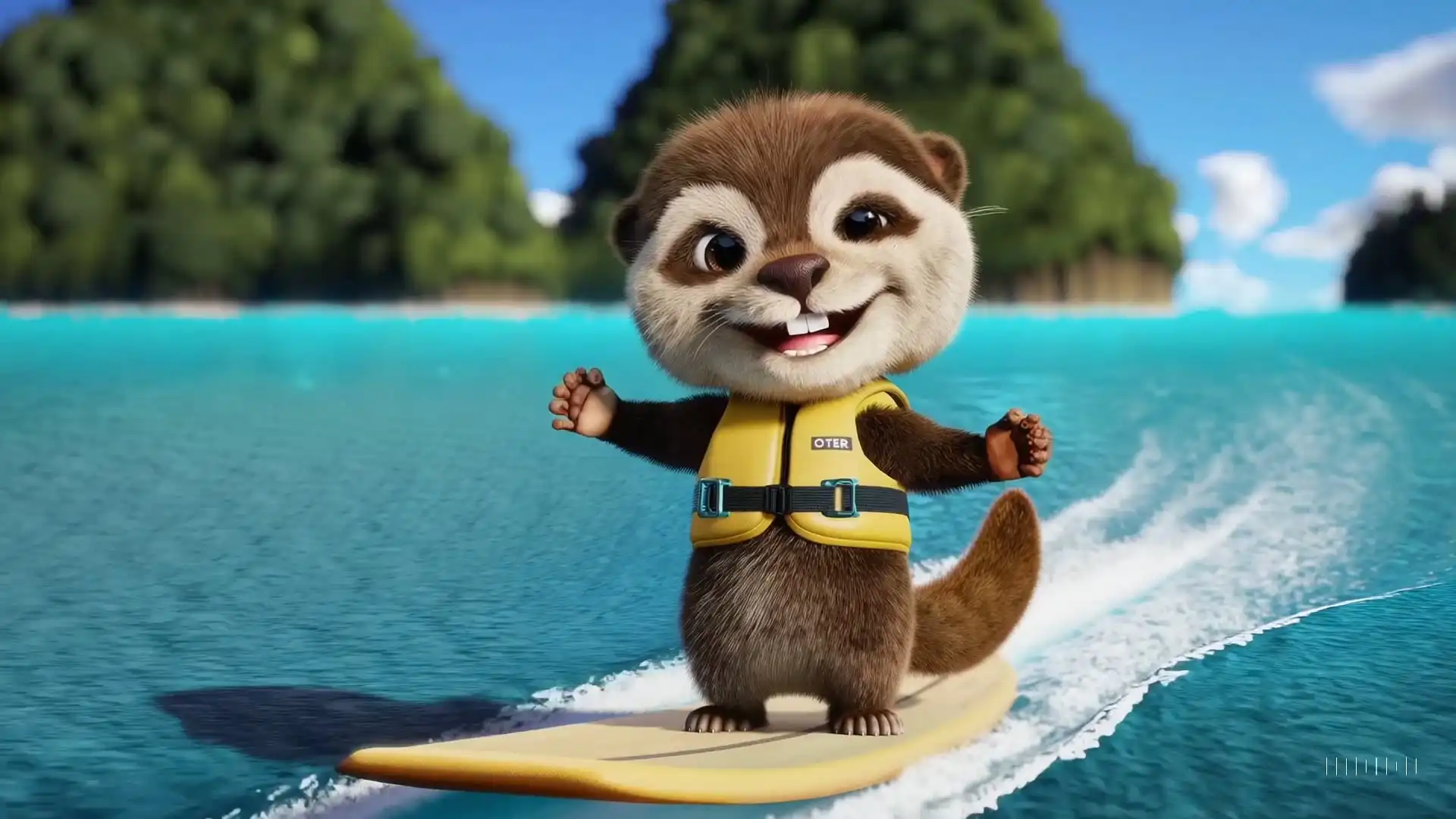 Thumbnail ofAn adorable happy otter confidently stands on a surfboard wearing a yellow lifejacket's video