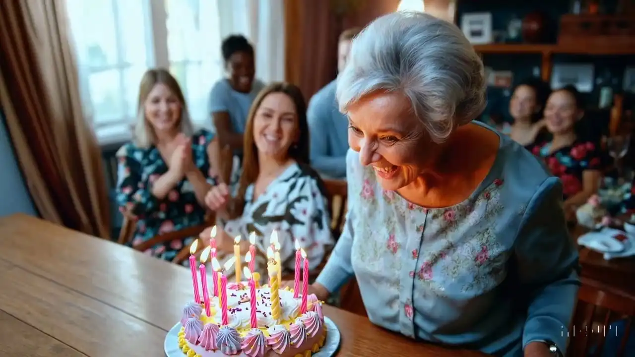 Thumbnail ofA grandmother with neatly combed grey hair stands behind a colorful birthday cake's video